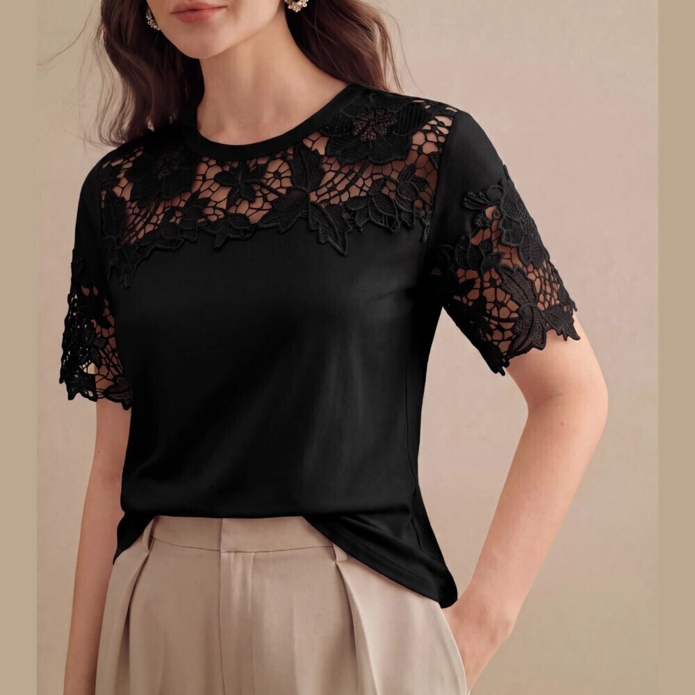 Black Floral Crochet Lace Yoke Trim Short Sleeve Round Neck Top